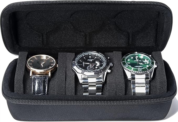 3 Slot Hard Watch Travel Case, Watch Roll Case Storage and Organizer for Men and Women, with anti-move watch pillow (Black fabric 3Slots)