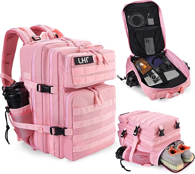 LHI Military Tactical Backpack for Men and Women 45L Army 3 Days Assault Pack Bag Large Rucksack with Shoe Compartment - Pink