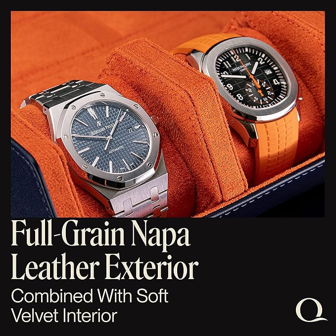 Napa Leather Watch Rolls for Men - Hexagon Triple Watch Roll Travel Case for 3 Watches - Storage Organizer Genuine Leather with Velvet Interior Display (Blue/Orange)
