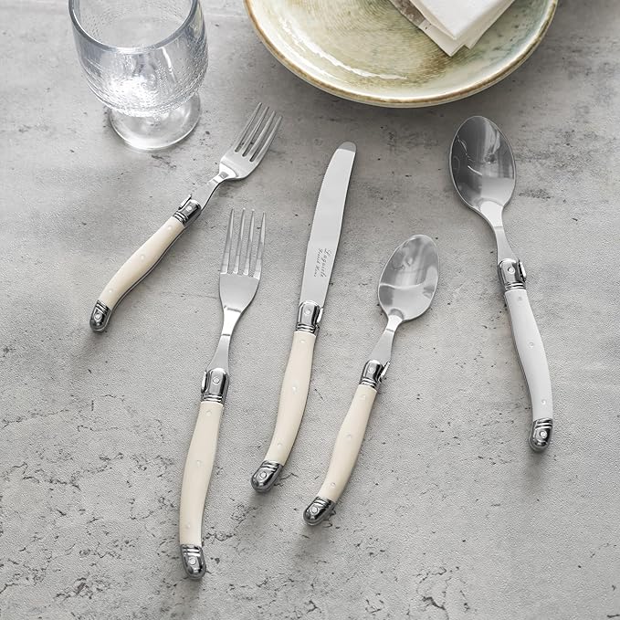French Home Laguiole 20 Piece Flatware Set – 18/10 Stainless Steel Flatware Set for 4 – Luxurious Ivory-Colored Utensil Set w/Knives, Spoons and Forks