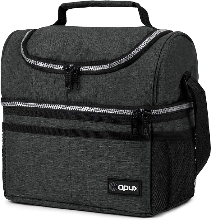 OPUX Lunch Box For Men Women, Insulated Large Double Decker Lunch Bag, Charcoal Gray, 10x7.5x10 Inches
