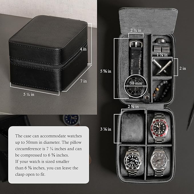 ROTHWELL 5 Watch Travel Case Storage Organizer for 5 Watches | Tough Portable Protection w/Zipper Fits All Wristwatches & Smart Watches Up to 50mm (Black/Grey)
