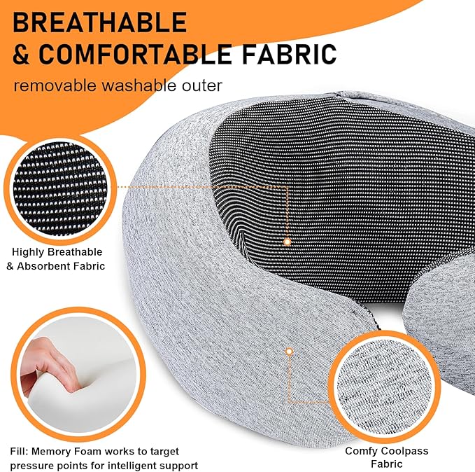Travel Pillow - Hooded Neck Pillow Airplane Memory Foam Filling for Plane, Office, Cars Sleeping, Road Trip, Long Flights, Portable Plane Accessories, Includes Eye Mask & Earplugs (Light Gray)