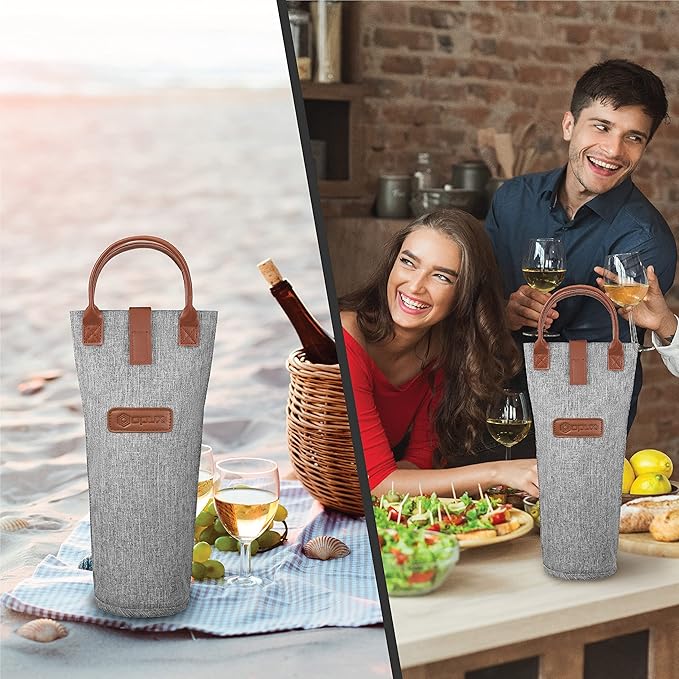 opux Wine Bag Single Bottle Carrier Tote, Insulated Travel Wine Cooler Bag for Picnic Beach Gift, Thermal Padded Portable One Bottle Holder Carrying Case for Women Men Wine Lovers, Heather Gray