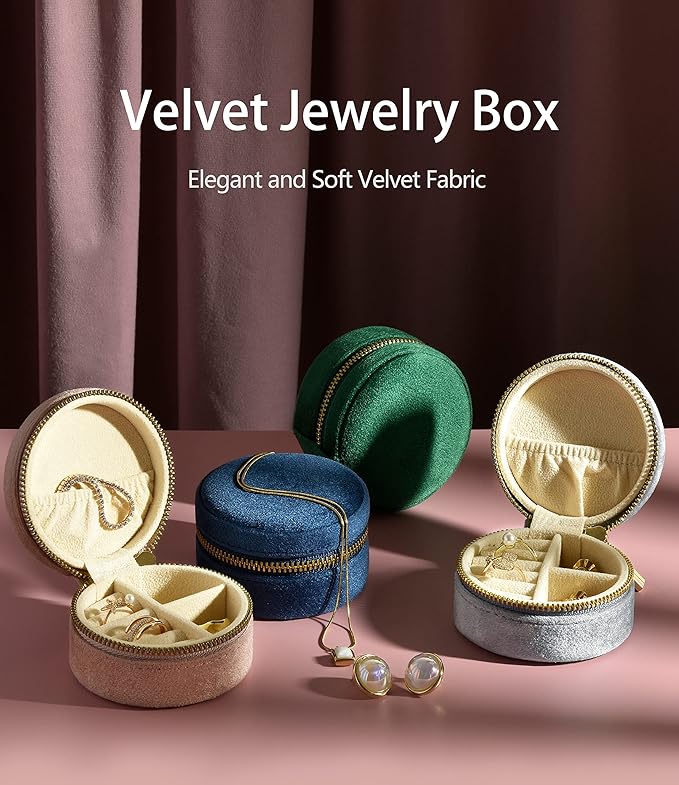 TAIMY Velvet Travel Jewelry Box, Round Small Travel Jewelry Case for Women Girls, Portable Mini Jewelry Travel Organizer Boxes for Rings Earrings Necklaces Bracelets(Navy Blue) 3.15x3.15x1.57in