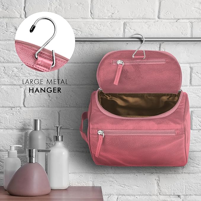 ELIZO Premium REAL Leather Toiletry Bag for Men Dopp Kitt Hanging Mens Toiletry Large TSA Toiletries Bag Shaving Grooming Bag Organizer Espresso (Pink, Large)