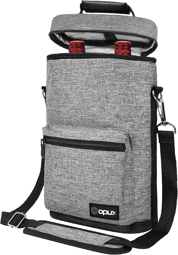 opux Wine Bag 2 Bottle Wine Tote Carrier, Insulated Wine Cooler Bag for Travel Picnic, Leakproof Portable Padded Case, Wine Gifts For Women Men Wine Lovers Christmas, Heather Gray