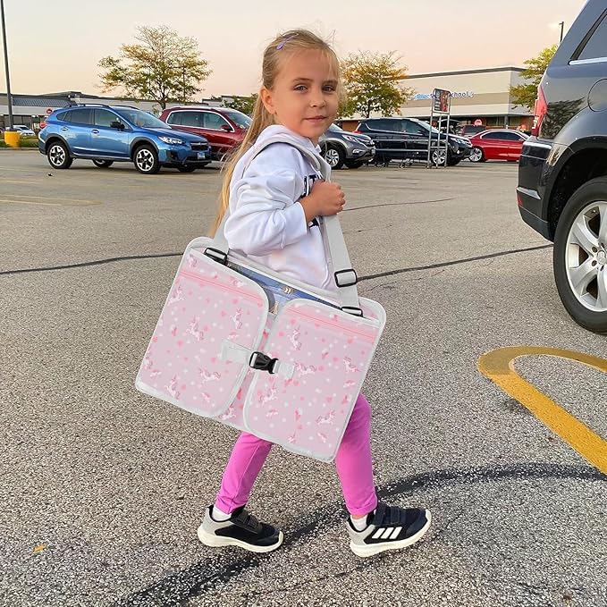 MENZOKE Kids Travel Tray, Car Seat Tray for Long Road Trips & Airplane Rides, with Cooler Cup Holder, Educational Dry Erase Board & Tablet Holder, Cute Unicorn Print, Light Purple