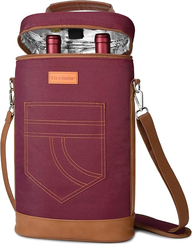 Tirrinia 2 Bottle Wine Gift Tote Carrier - Leakproof & Insulated Padded Versatile Wine Cooler Bag for Travel, BYOB Restaurant, Wine Tasting, Party, Dinner, Gift for Wine Lovers, Red