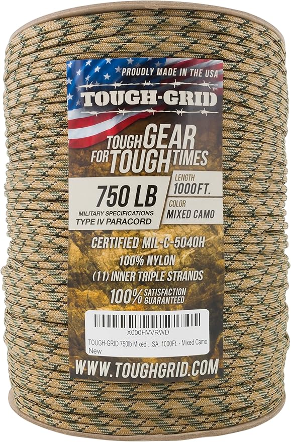 TOUGH-GRID 750 Paracord Rope Nylon Parachute Cord, Made in USA Survival Kit, Outdoor Adventures, Camping, Tactical Gear & Emergency Supplies, Military Type IV Mil-Spec