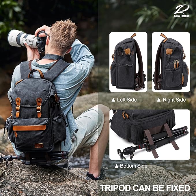 Padwa Lifestyle Black Camera Backpack - Professional DSLR & UAV Camera Bag,Anti Theft Canvas Camera Backpack with Rain Cover,Large Capacity Photography Travel Camera Bag with Multi Compartments