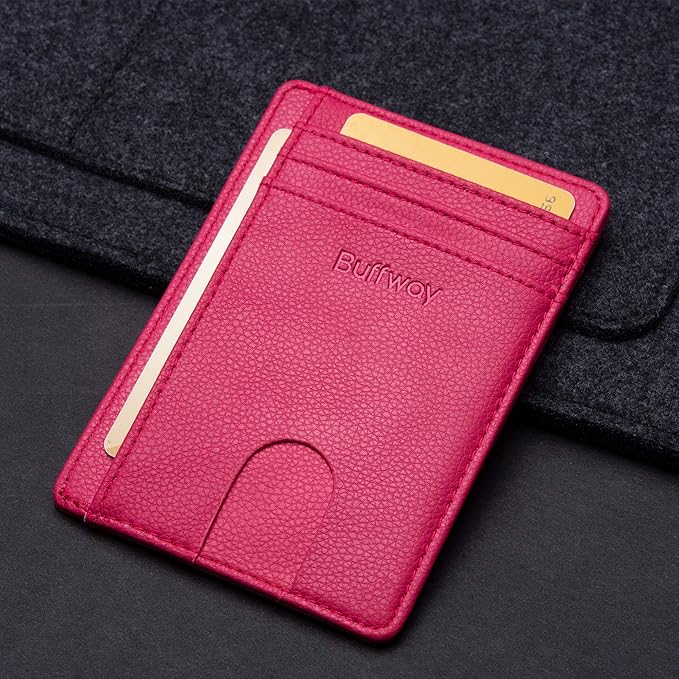 Buffway Slim Minimalist Front Pocket RFID Blocking Leather Wallets for Men and Women - Lichee Red