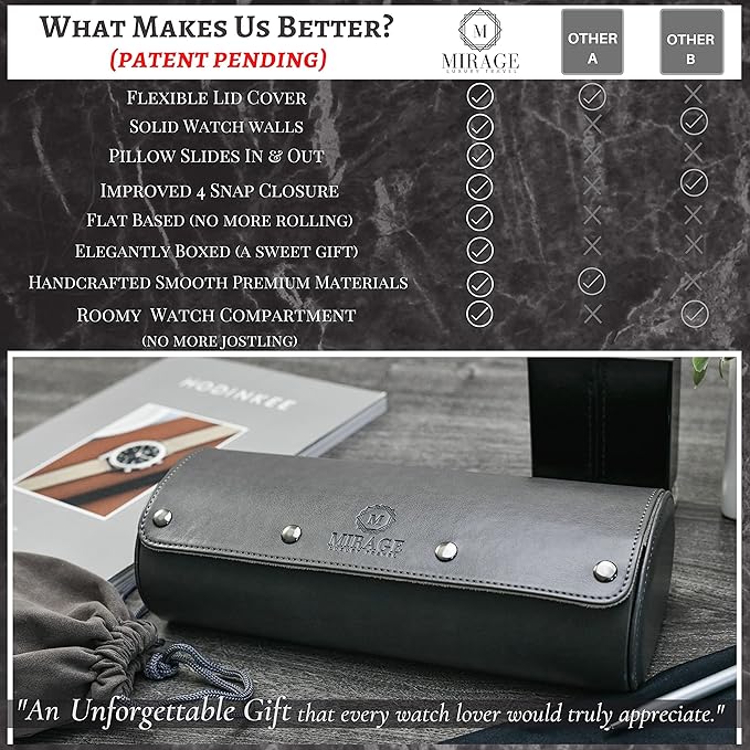Watch Travel Case for Men - Mirage Watch Roll Storage and Display 3 slots - Slate Grey/Ivory White Interior Vegan Leather