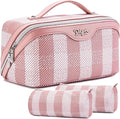 BOYATU Makeup Bag Travel Cosmetic Bag: 3 Pcs Set Portable Make up Bags for Women with Handle - Waterproof Vegan Leather Toiletry Organizer Bags with Comparments (F-03-Pink)