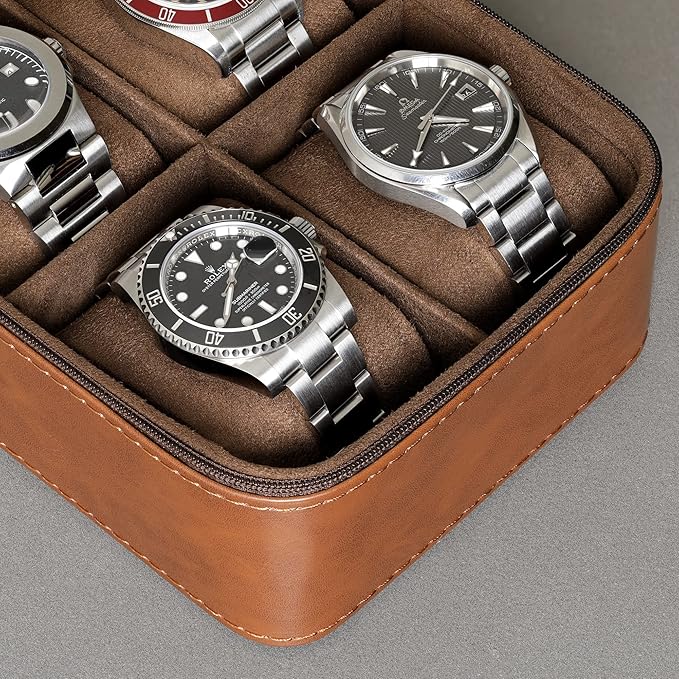 ROTHWELL 5 Watch Travel Case Storage Organizer for 5 Watches | Tough Portable Protection w/Zipper Fits All Wristwatches & Smart Watches Up to 50mm (Tan/Brown)