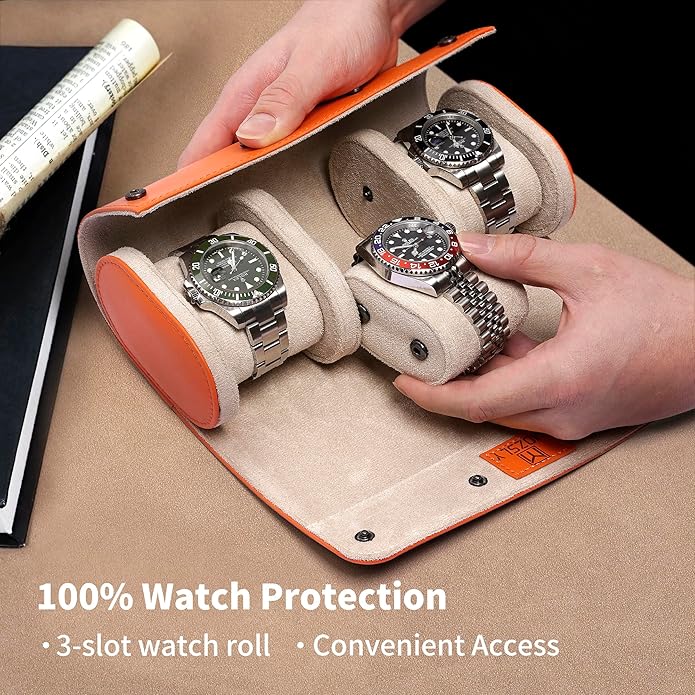 MOZSLY Watch Roll Travel Case 3 Slots Portable Watches Box Organizer Storage Holder Pattern PU Leather