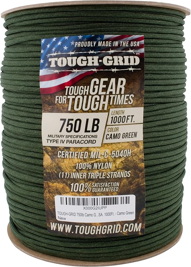 TOUGH-GRID 750 Paracord Rope Nylon Parachute Cord, Made in USA Survival Kit, Outdoor Adventures, Camping, Tactical Gear & Emergency Supplies, Military Type IV Mil-Spec
