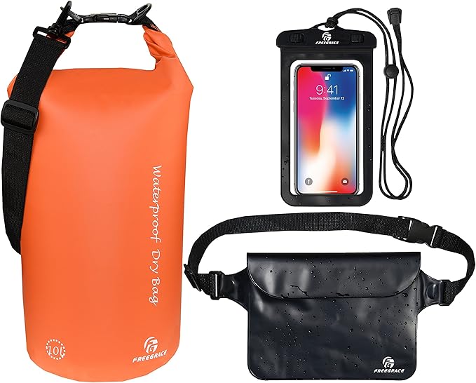 Freegrace Waterproof Dry Bags Set of 3 Dry Bag with 2 Zip Lock Seals & Detachable Shoulder Strap, Waist Pouch & Phone Case - Can Be Submerged Into Water - for Swimming (Orange, 5L)