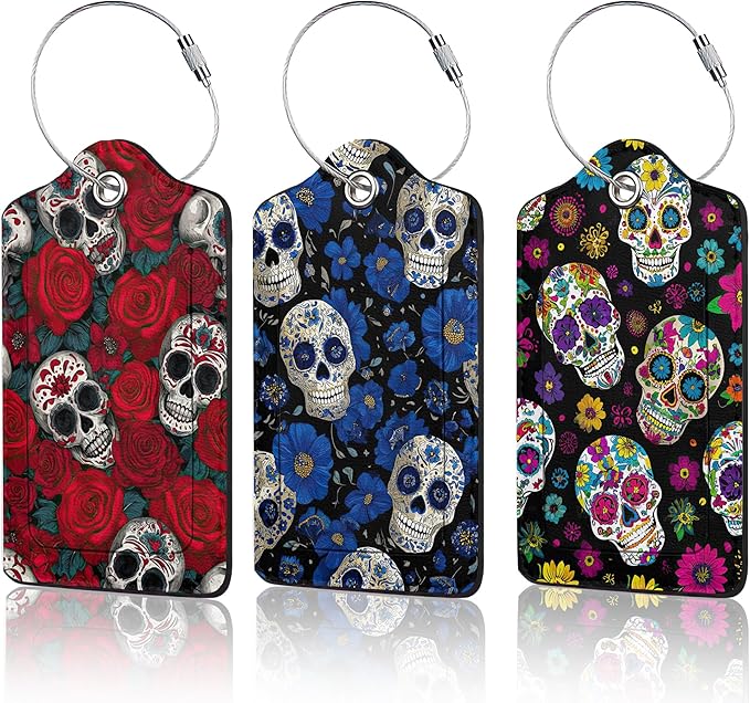3 Pack PU Sugar Skull and Flowers Leahter Luggage Tag with Stainless Steel Loop,Travel Suitcase Labels with Privacy Cover ID Label Quickly Spot for Bags