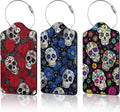 3 Pack PU Sugar Skull and Flowers Leahter Luggage Tag with Stainless Steel Loop,Travel Suitcase Labels with Privacy Cover ID Label Quickly Spot for Bags
