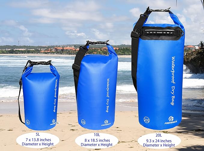 Freegrace Waterproof Dry Bags Set of 3 Dry Bag with 2 Zip Lock Seals & Detachable Shoulder Strap, Waist Pouch & Phone Case - Can Be Submerged Into Water - for Swimming (Navy Blue, 10L)