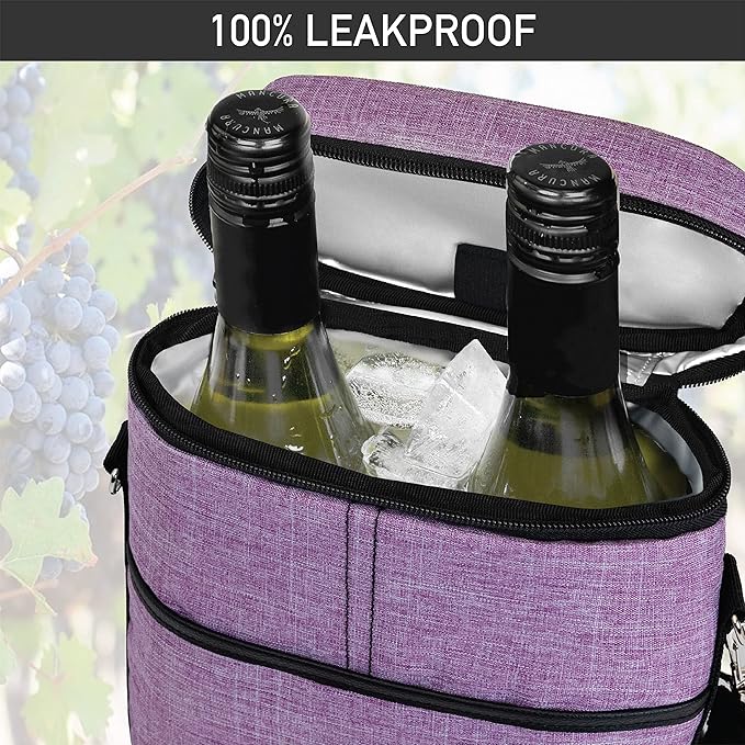 opux 2 Bottle Wine Carrier Tote, Insulated Leakproof Wine Cooler Bag, Wine Travel Bag for Picnic BYOB Beach, Portable Wine Bottle Carrying Case, Gift for Wine Lover Women Men Christmas, Purple