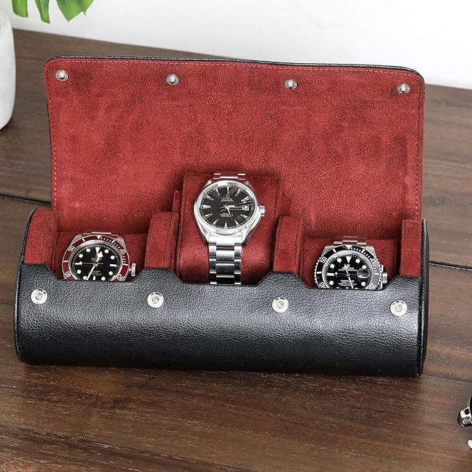 ROTHWELL Watch Roll Travel Case for 3 Watches | Tough Portable Protection, Fits All Wrist Watch & Smart Watches Up to 50mm (Black/Red)
