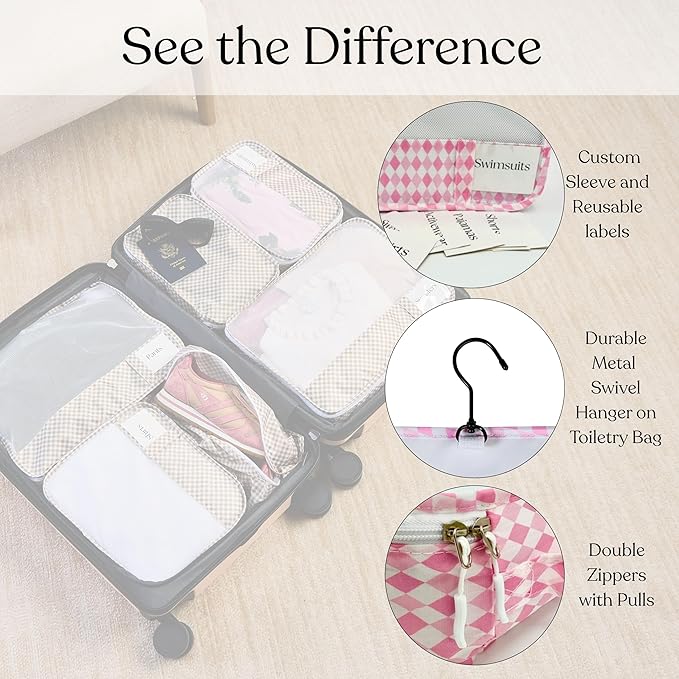 9 Set Packing Cubes - Suitcase Organizer, Cute Packing Cubes, Travel Bags Organizer for Luggage with Hanging Toiletry and Shoe Bag, Travel Essentials for Women, Men and Kids -Pink