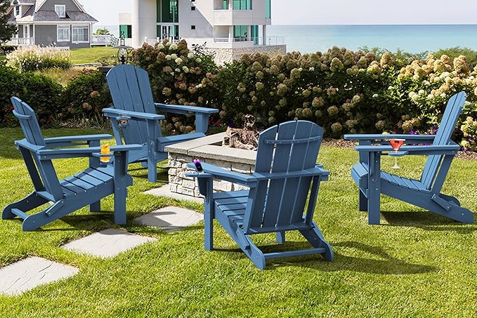 SERWALL Folding Adirondack Chair, HDPE Adirondack Chairs Set of 8, Plastic Outdoor Chairs- Looks Exactly Like Real Wood- Navy