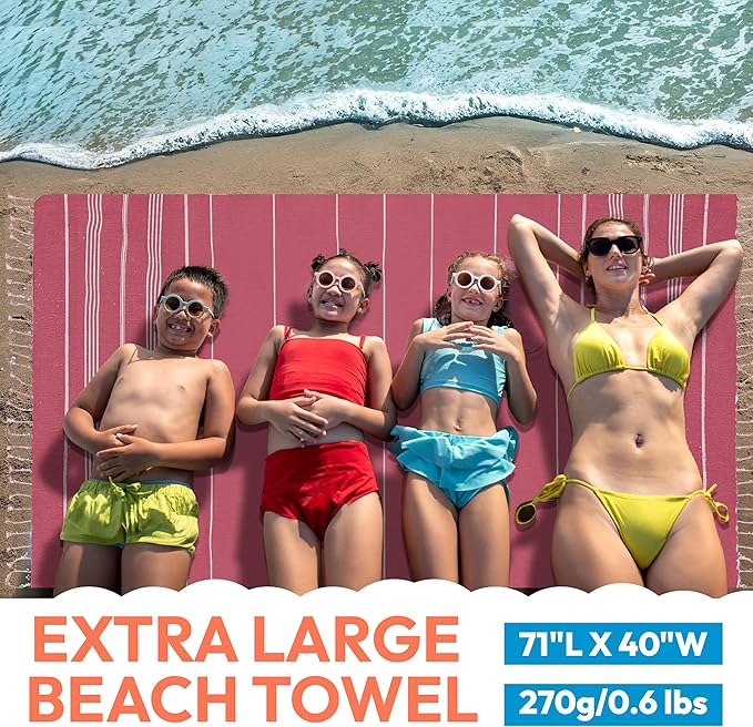 Oversized Sand Resistant Prewashed Turkish Cotton Quick Drying, Compact, Lightweight Beach, Bath, Pool, Gym, Yoga Towel - 40x71 inch