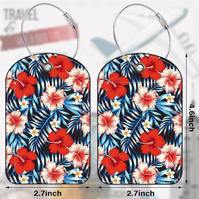 2 PCS Leather Luggage Tag for Suitcase Palm Leaves and Hibiscus Flower Travel Suitcase Labels with Privacy Name ID Label and Stainless Steel Loop for Adults Teens Travel Bag Labels Set