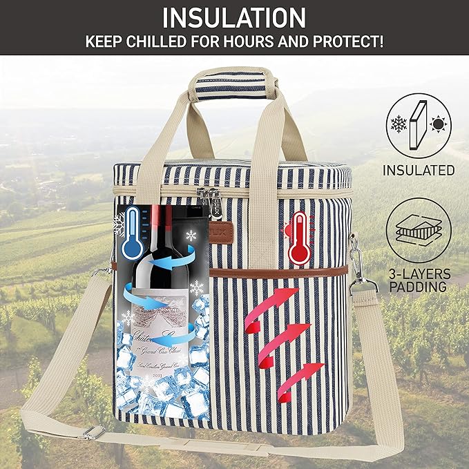 opux 6 Bottle Carrier Tote | Insulated Padded Wine Cooler Bag for Travel. Picnic, BYOB | Portable Leakproof Wine Tote Bag for Dinner, Party, Christmas, Wine Gift for Women, Men (Stripe Navy)