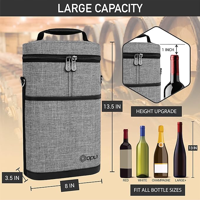 opux 2 Bottle Wine Carrier Tote, Insulated Leakproof Wine Cooler Bag, Wine Travel Bag for Picnic BYOB Beach, Portable Wine Bottle Carrying Case, Gift for Wine Lover Women Men Christmas, Heather Grey