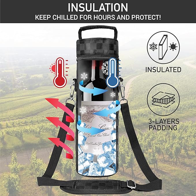 opux Wine Bag Single Bottle Carrier Tote, Insulated Wine Cooler Bag for Travel Picnic Beach with Shoulder Strap, Thermal One Bottle Holder Carrying Case Wine Gift for Women Men, Black Squares