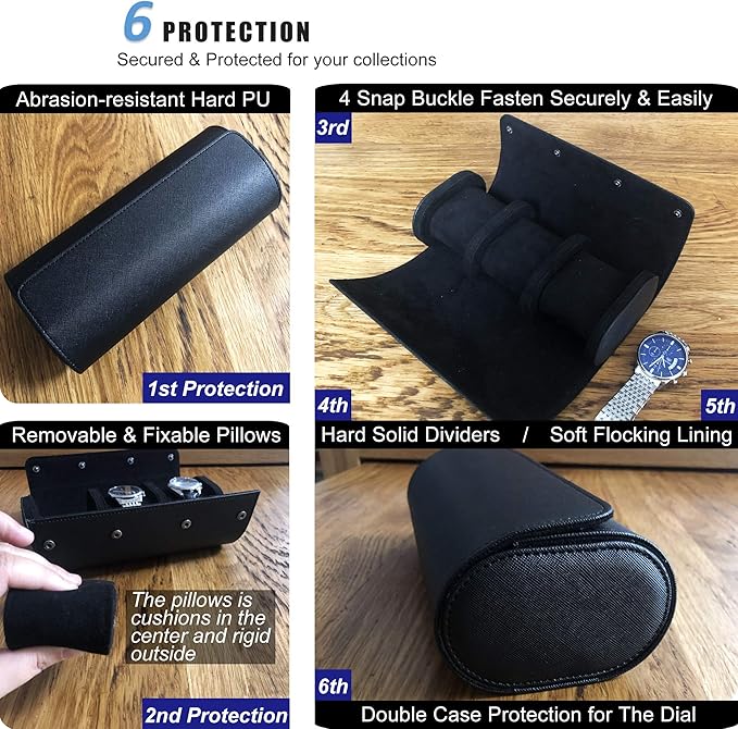 Longjet Watch Roll Travel Case for Men Portable Watches Organizer Box with Removable Velvet Pillow Holder (Black Cross)