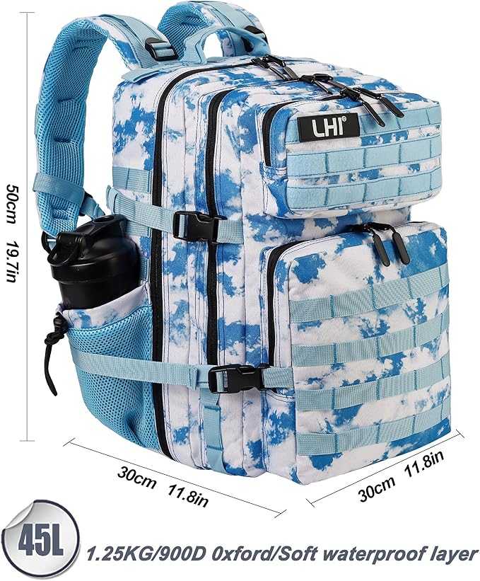 LHI Military Tactical Backpack for Men and Women 45L Army 3 Days Assault Pack Bag Large Rucksack with Molle System - Light blue tie-dye