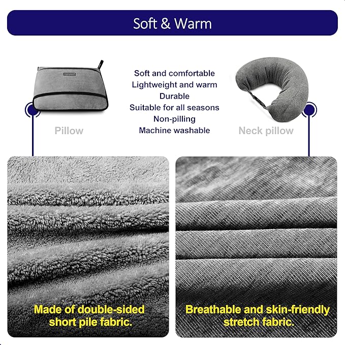 3-in-1 Travel Pillow Blanket Set - Soft Flannel Convertible Pillow, Blanket & Neck Pillow with Backpack Clip | Compact Travel Essentials for Airplane, Car, Office, Grey