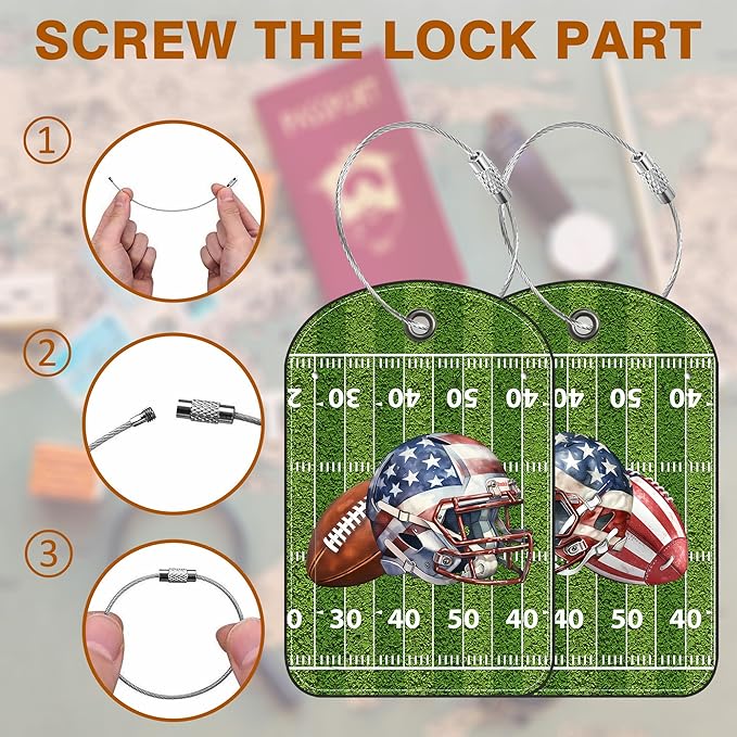 2 PCS Leather Luggage Tag for Suitcase Football and Helmet Travel Suitcase Labels with Privacy Name ID Label and Stainless Steel Loop for Adults Teens Travel Bag Labels Set
