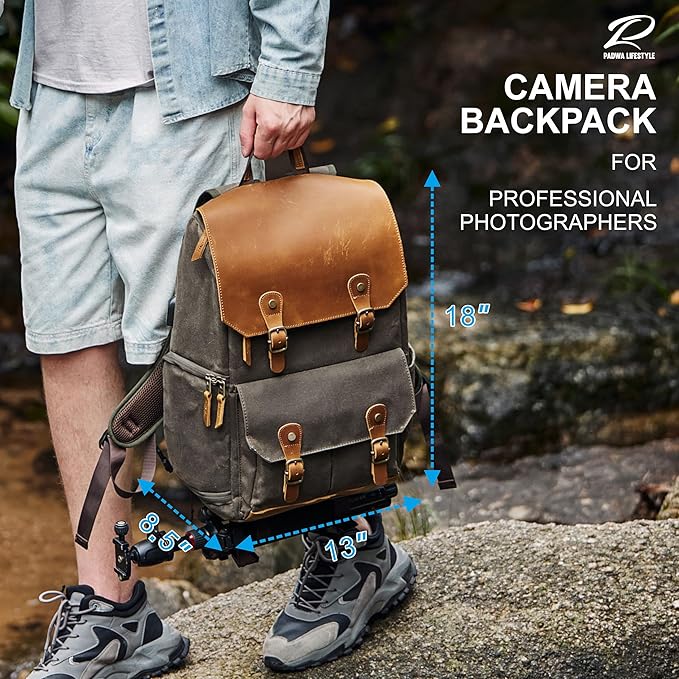 Padwa Lifestyle Coffee Camera Backpack - Weather Resistant Waxed Memory Canvas Camera Backpacks for Photographers,Multi DSLR SLR Camera Bag with 16” Laptop & Lens Compartment and Tripod Holder