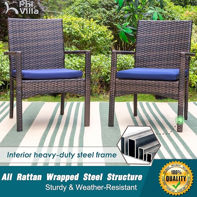 PHI VILLA Outdoor Rattan Dining Chairs Set of 6, Modern Wicker Armchair with Cushions for Patio, Deck, Yard, Porch - Brown