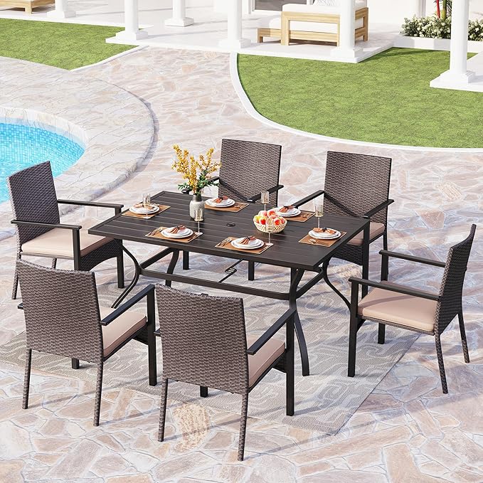 PHI VILLA Outdoor Wicker Chairs Set of 6, Rattan Covered Metal Armchairs with Removable Cushion, Heavy Duty Furniture Set for Patio, Deck, Porch, Yard