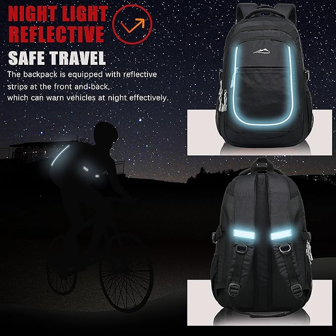ProEtrade Backpack Bookbag for College Sturdy Travel Business Hiking Fit Laptop Up to 15.6 Inch Multi Compartment Gifts for Men Women Night Light Reflective (Black)
