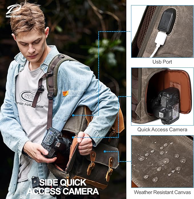Padwa Lifestyle Coffee Camera Backpack - Weather Resistant Waxed Memory Canvas Camera Backpacks for Photographers,Multi DSLR SLR Camera Bag with 16” Laptop & Lens Compartment and Tripod Holder