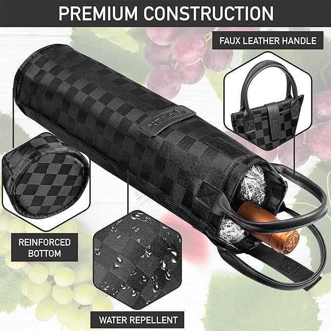 opux Wine Bag Single Bottle Carrier Tote, Insulated Travel Wine Cooler Bag for Picnic Beach Gift, Thermal Padded Portable One Bottle Holder Carrying Case for Women Men Wine Lovers, Black Square