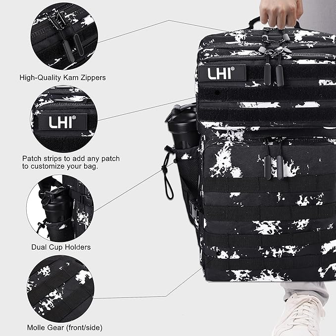 LHI Military Tactical Backpack for Men and Women 45L Army 3 Days Assault Pack Bag Large Rucksack with Shoe Compartment - Black Lightning
