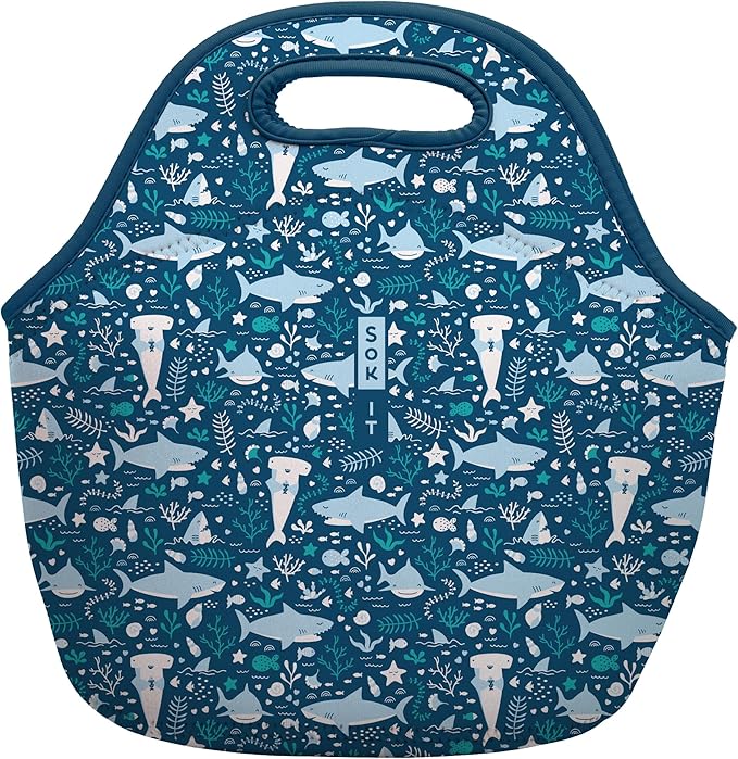 Sok It LunchTote Zippered Bag Insulated Neoprene Caddy (Happy Sharks, Large 4.5 Quart Lunch Tote)