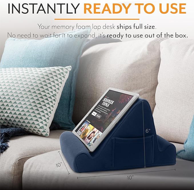 Brookstone, Memory Foam Lap Desk Tablet Holder, Holds Phones, iPads, E-Book Readers, 2 Viewing Angles, 2 Side Pockets for Accessories, Book Holder Cushion, Perfect Home, Car Travel, Flights, Blue
