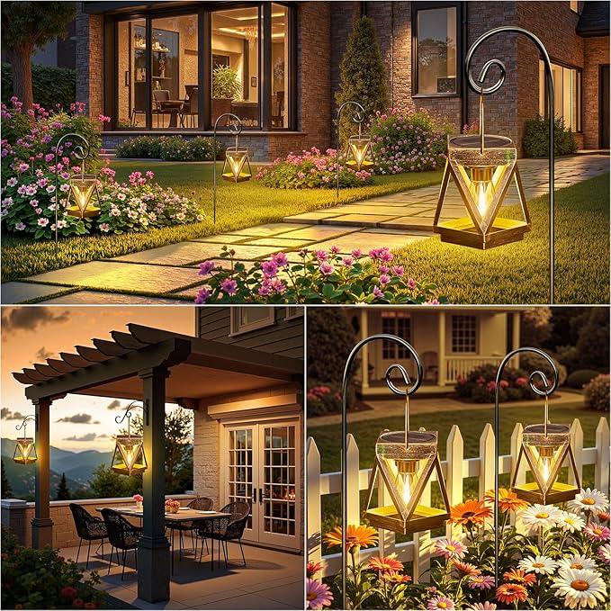 KOOPER Solar Lanterns Outdoor Waterproof, 4 Pack Upgraded Metal Hanging Solar Lights Outdoor Lantern Decorative, Bright Bronze Hanging Lanterns for Yard Patio Table Pathway Garden Decor