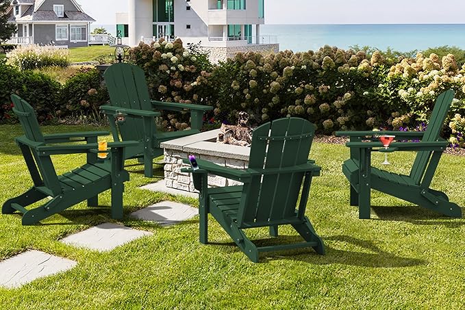 SERWALL Adirondack Chair with Cup Holders - Composite Adirondack Chairs Set of 4 HDPE Outdoor Chairs All Weather Use- Green