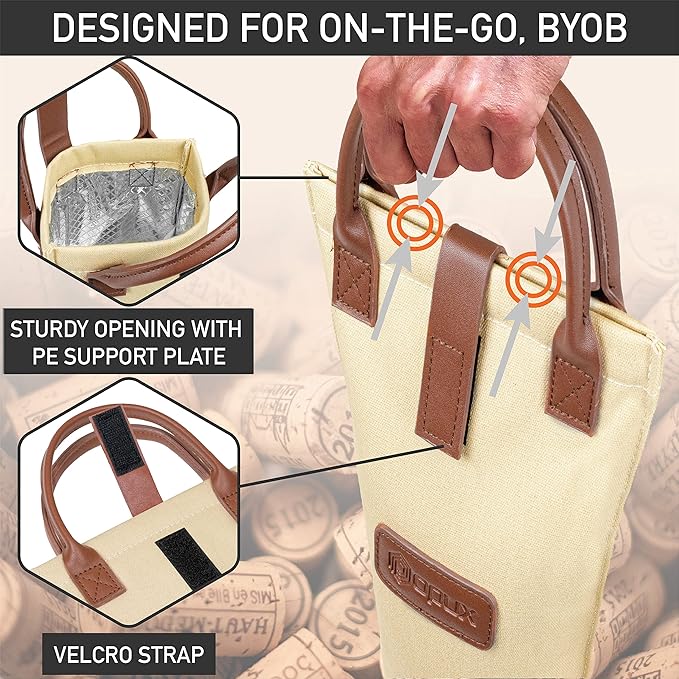 opux Wine Bag Single Bottle Carrier Tote, Insulated Travel Wine Cooler Bag for Picnic Beach Gift, Thermal Padded Portable One Bottle Holder Carrying Case for Women Men Wine Lovers, Cream Beige